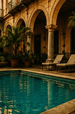 Havana courtyard pool at golden hour